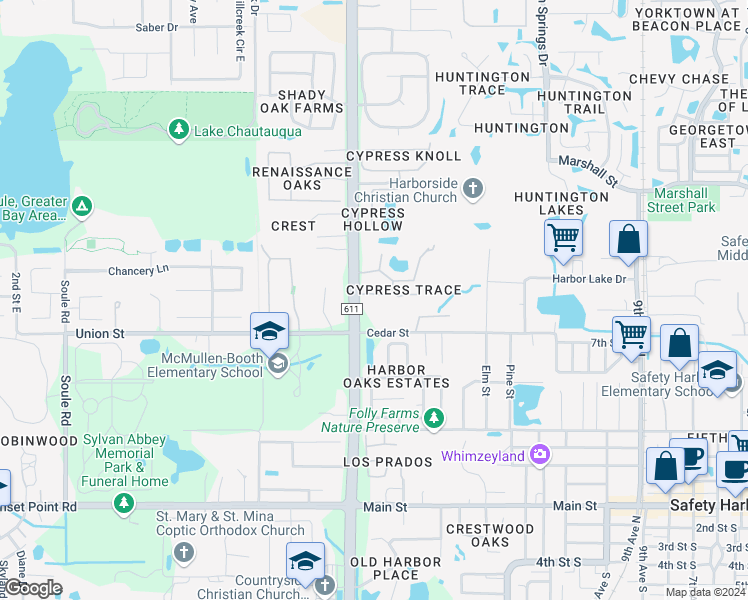 map of restaurants, bars, coffee shops, grocery stores, and more near 1833 Cypress Trace Drive in Safety Harbor