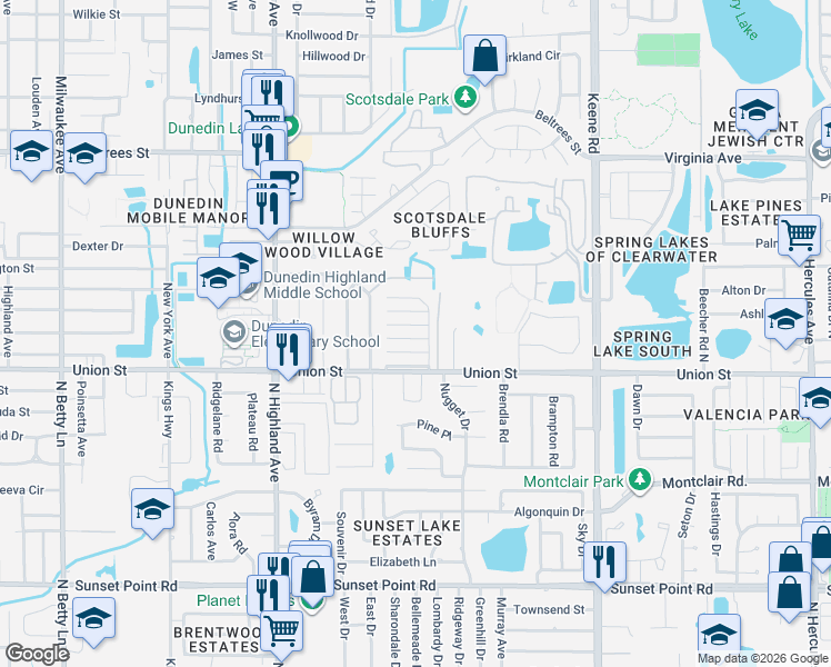 map of restaurants, bars, coffee shops, grocery stores, and more near 1018 Egret Court in Dunedin