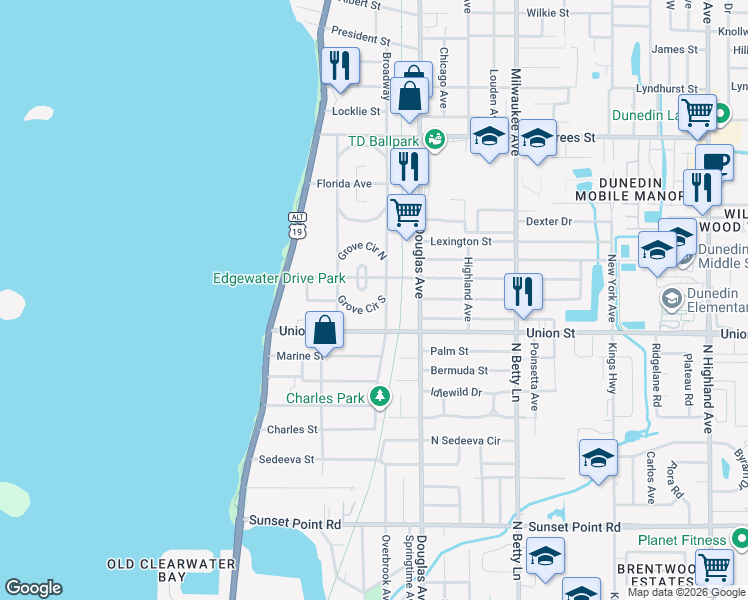 map of restaurants, bars, coffee shops, grocery stores, and more near 54 Broadway in Dunedin