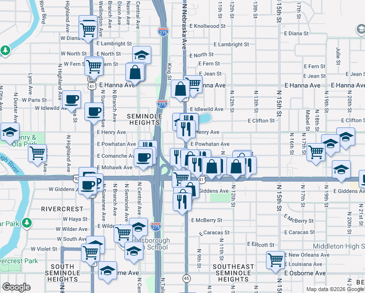 map of restaurants, bars, coffee shops, grocery stores, and more near 5701 North Miami Avenue in Tampa
