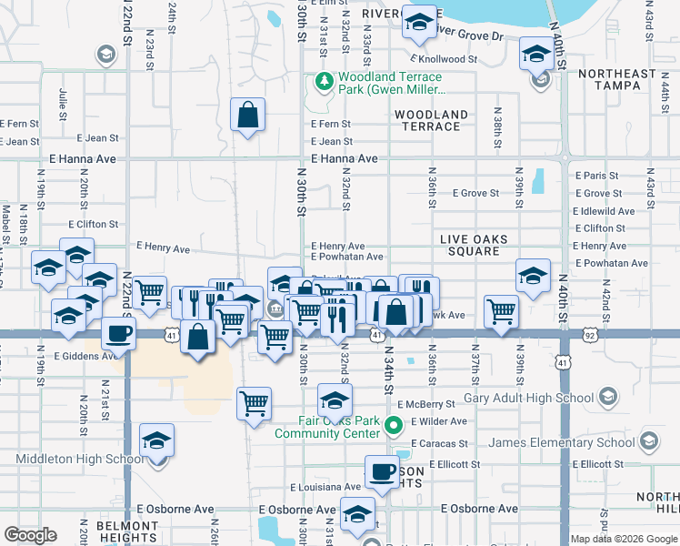 map of restaurants, bars, coffee shops, grocery stores, and more near 3021 East Powhatan Avenue in Tampa