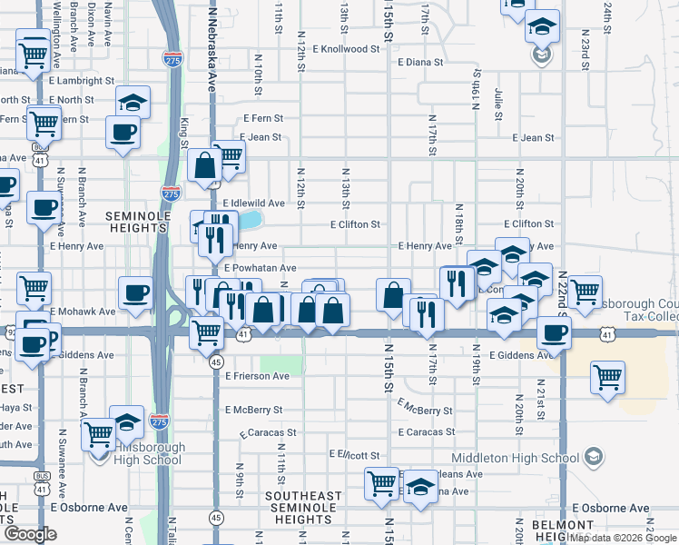 map of restaurants, bars, coffee shops, grocery stores, and more near 1222 East Powhatan Avenue in Tampa