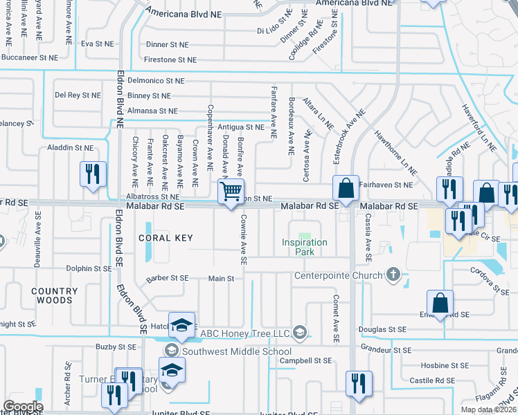 map of restaurants, bars, coffee shops, grocery stores, and more near 101 Bamboo Avenue Southeast in Palm Bay