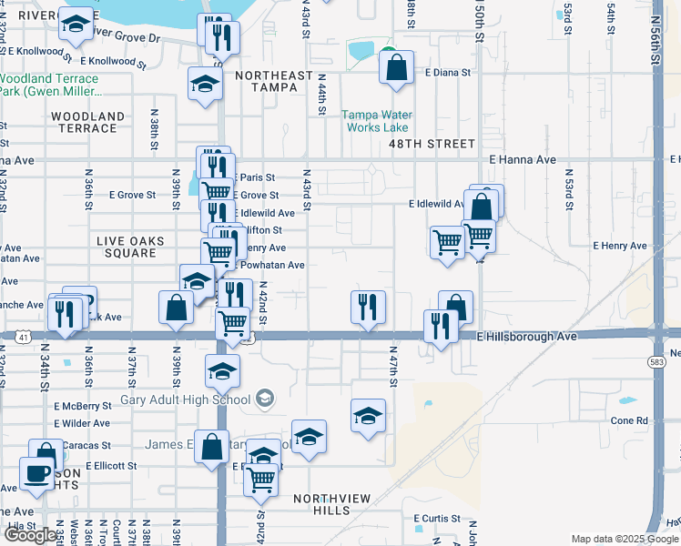 map of restaurants, bars, coffee shops, grocery stores, and more near 4323 East Henry Avenue in Tampa