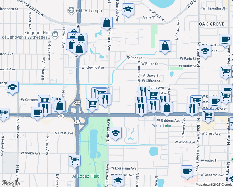 map of restaurants, bars, coffee shops, grocery stores, and more near 5622 Napoleon Court in Tampa