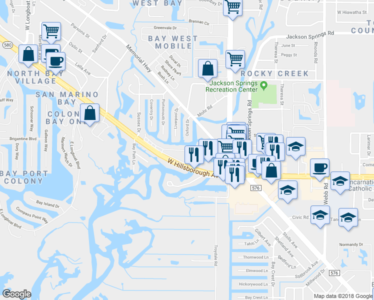 map of restaurants, bars, coffee shops, grocery stores, and more near 9101 Tudor Drive in Tampa