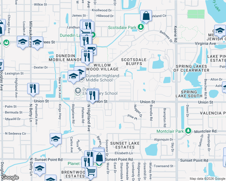 map of restaurants, bars, coffee shops, grocery stores, and more near 65 Lexington Drive in Dunedin
