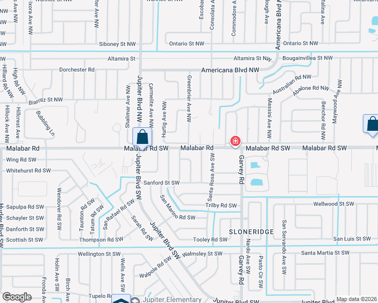 map of restaurants, bars, coffee shops, grocery stores, and more near 762 Malabar Road in Palm Bay