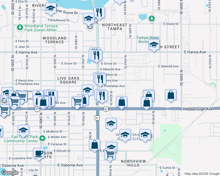 map of restaurants, bars, coffee shops, grocery stores, and more near 4021 East Powhatan Avenue in Tampa