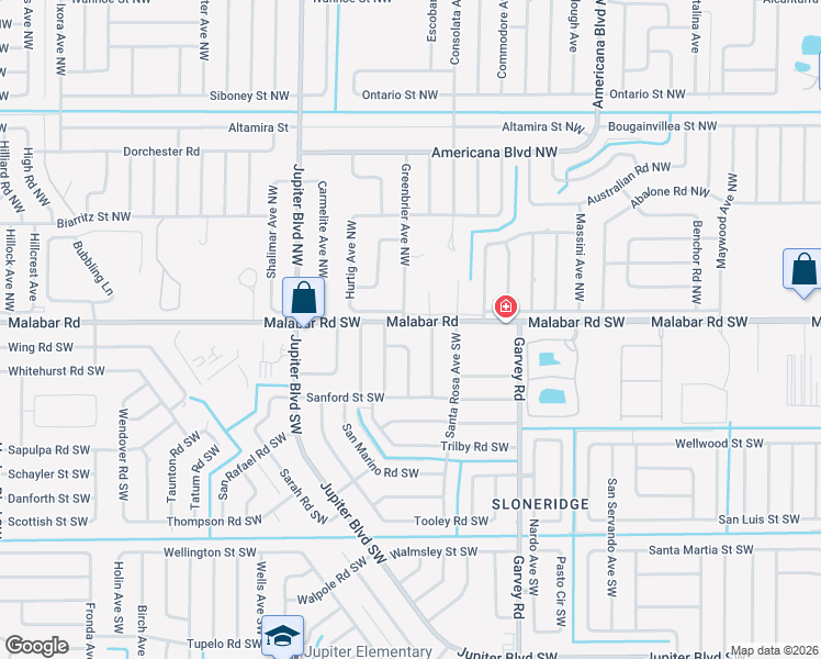 map of restaurants, bars, coffee shops, grocery stores, and more near 762 Malabar Road in Palm Bay