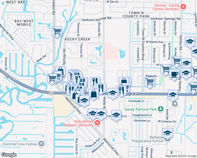 map of restaurants, bars, coffee shops, grocery stores, and more near 5504 Pine Forest Court in Tampa