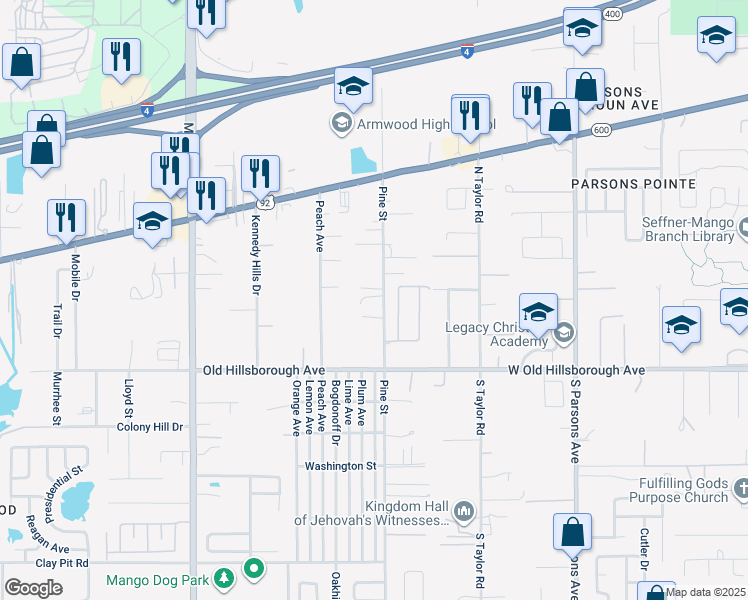 map of restaurants, bars, coffee shops, grocery stores, and more near 5510 Pine Street in Seffner