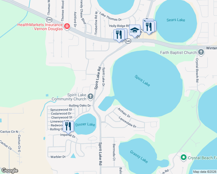 map of restaurants, bars, coffee shops, grocery stores, and more near 3030 Spirit Lake Drive in Winter Haven