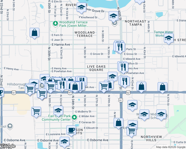 map of restaurants, bars, coffee shops, grocery stores, and more near 3617 East Powhatan Avenue in Tampa