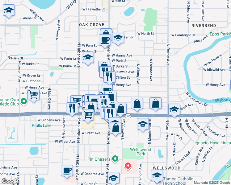 map of restaurants, bars, coffee shops, grocery stores, and more near 2312 West Powhatan Avenue in Tampa