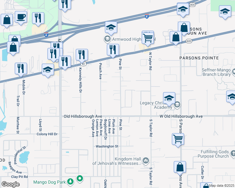 map of restaurants, bars, coffee shops, grocery stores, and more near 5510 Pine Street in Seffner