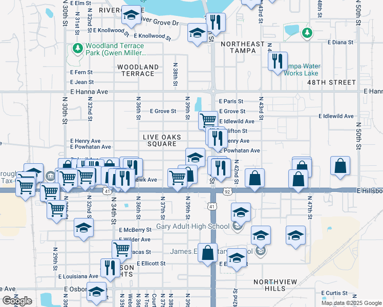 map of restaurants, bars, coffee shops, grocery stores, and more near 3903 East Powhatan Avenue in Tampa