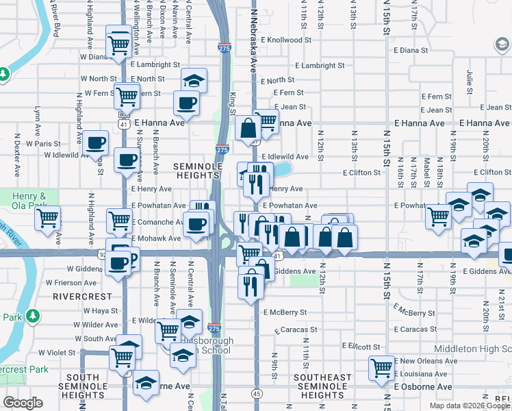 map of restaurants, bars, coffee shops, grocery stores, and more near 5704 North 9th Street in Tampa