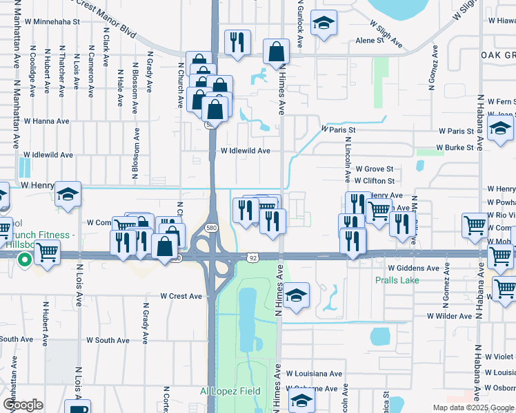 map of restaurants, bars, coffee shops, grocery stores, and more near 5510 North Himes Avenue in Tampa