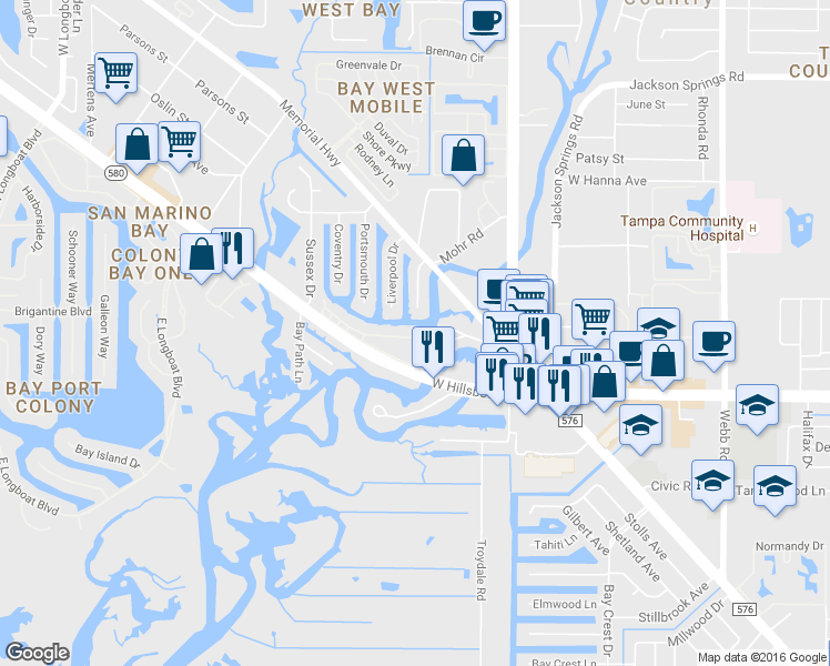 map of restaurants, bars, coffee shops, grocery stores, and more near 9101 Tudor Drive in Tampa
