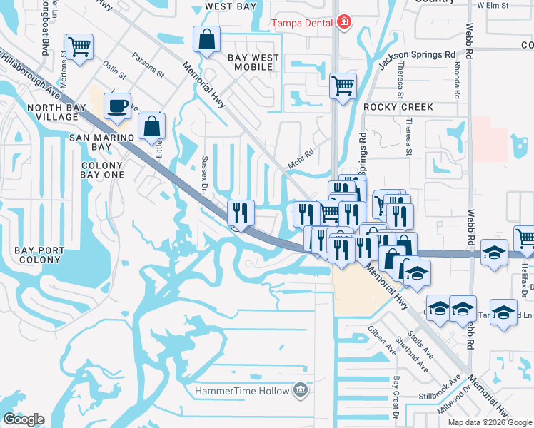map of restaurants, bars, coffee shops, grocery stores, and more near 9101 Tudor Drive in Tampa
