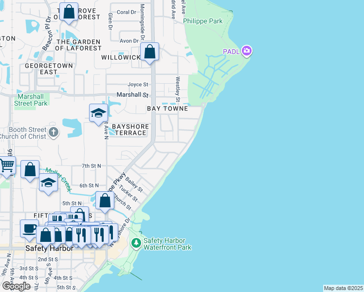 map of restaurants, bars, coffee shops, grocery stores, and more near 1117 North Bayshore Drive in Safety Harbor