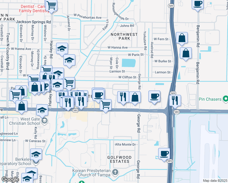 map of restaurants, bars, coffee shops, grocery stores, and more near 6520 West Comanche Avenue in Tampa