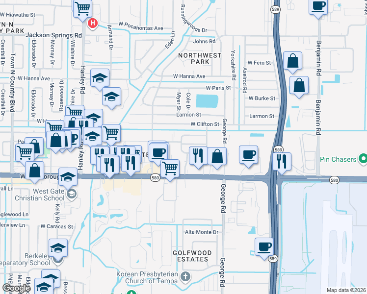 map of restaurants, bars, coffee shops, grocery stores, and more near 6520 West Comanche Avenue in Tampa