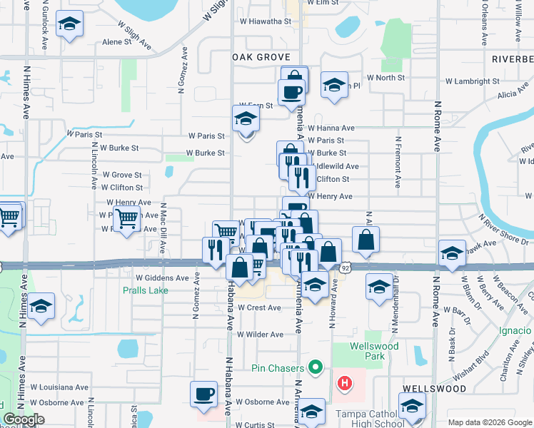 map of restaurants, bars, coffee shops, grocery stores, and more near 2606 West Powhatan Avenue in Tampa