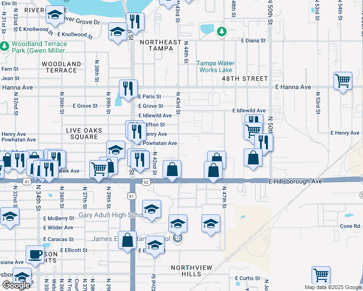 map of restaurants, bars, coffee shops, grocery stores, and more near 5711 North 43rd Street in Tampa