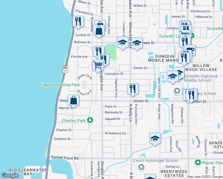 map of restaurants, bars, coffee shops, grocery stores, and more near 442 Richmond Street in Dunedin
