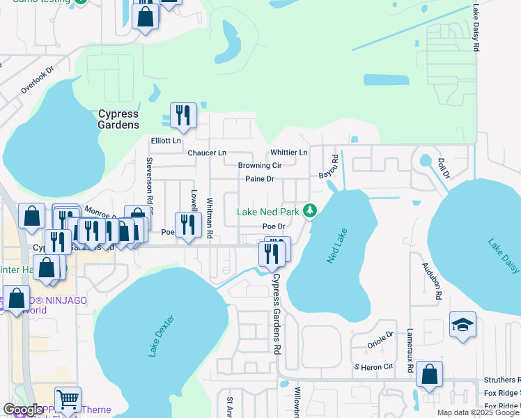 map of restaurants, bars, coffee shops, grocery stores, and more near 104 Holmes Place Southeast in Winter Haven