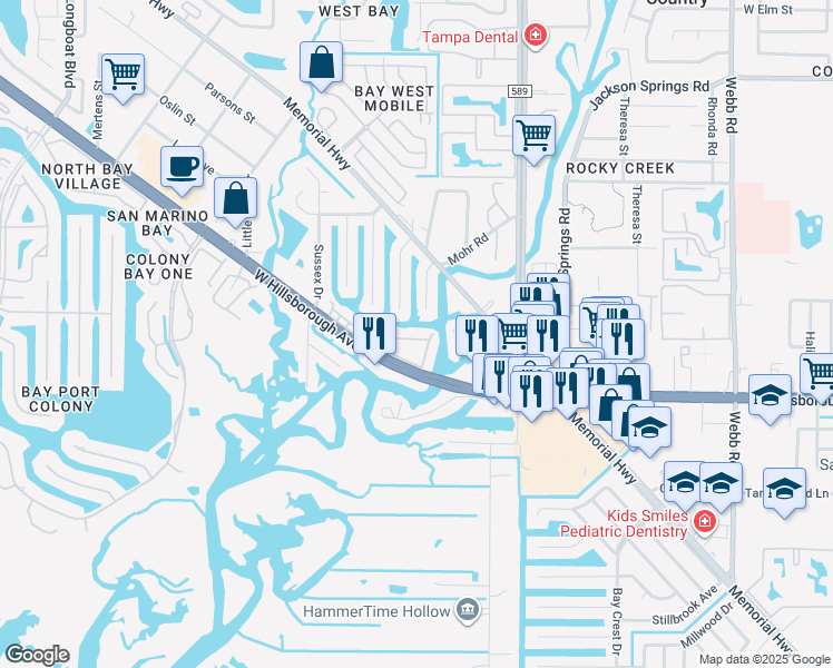 map of restaurants, bars, coffee shops, grocery stores, and more near 9101 Tudor Drive in Tampa
