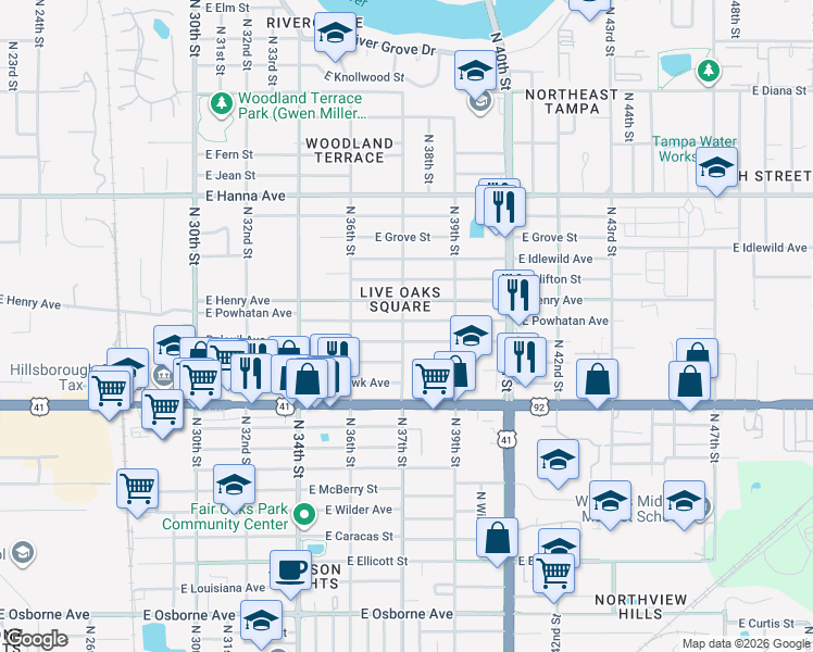 map of restaurants, bars, coffee shops, grocery stores, and more near 3701 East Powhatan Avenue in Tampa