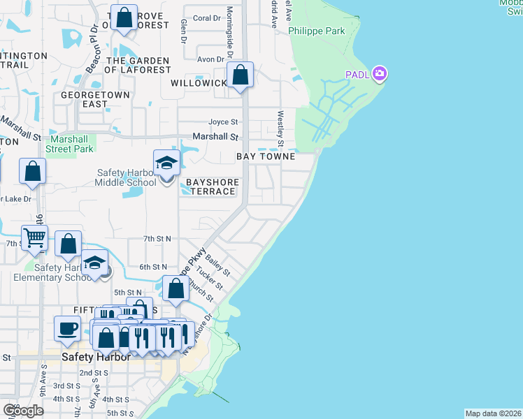 map of restaurants, bars, coffee shops, grocery stores, and more near 296 Grand Central Avenue in Safety Harbor