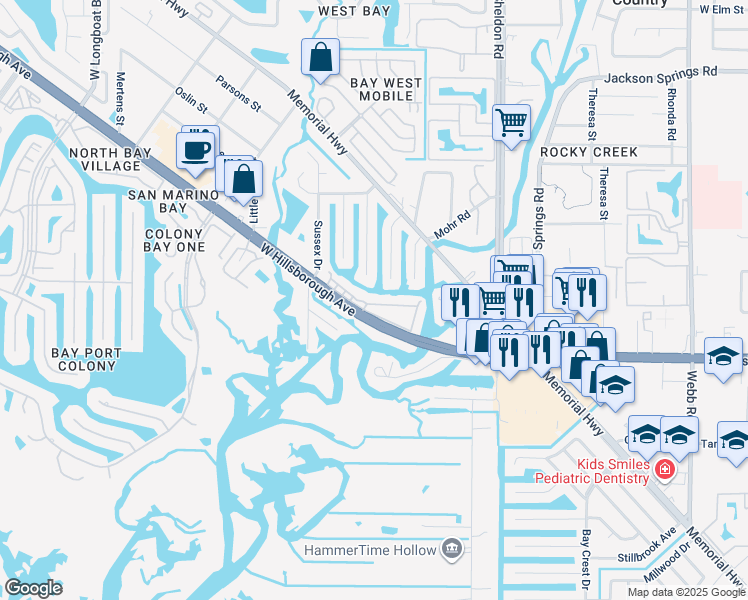 map of restaurants, bars, coffee shops, grocery stores, and more near 9133 Tudor Drive in Tampa