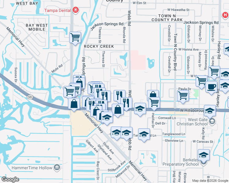 map of restaurants, bars, coffee shops, grocery stores, and more near 5709 Desert Rose Place in Tampa