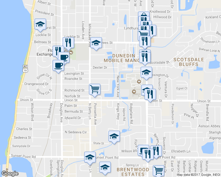 map of restaurants, bars, coffee shops, grocery stores, and more near 75 Diane Drive in Dunedin