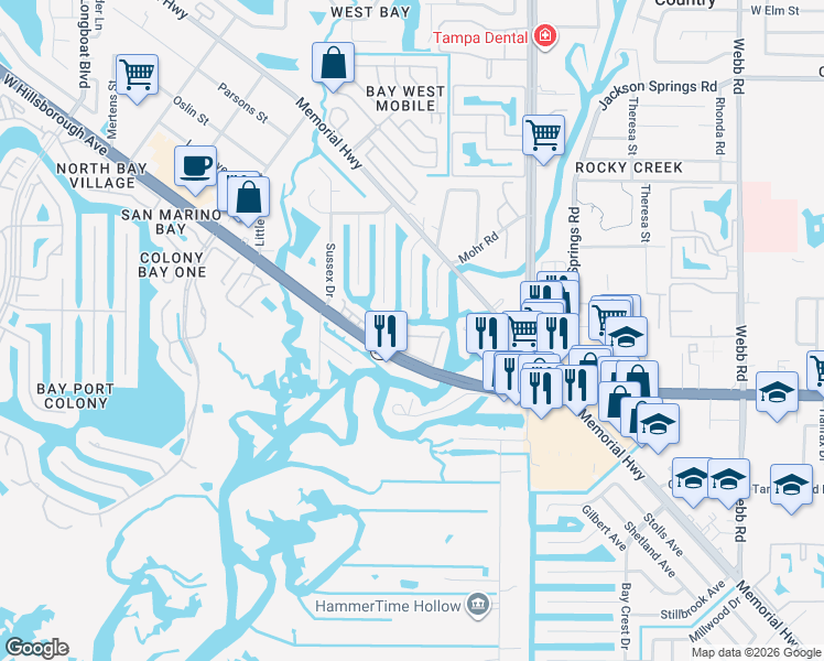 map of restaurants, bars, coffee shops, grocery stores, and more near 9133 Tudor Drive in Tampa