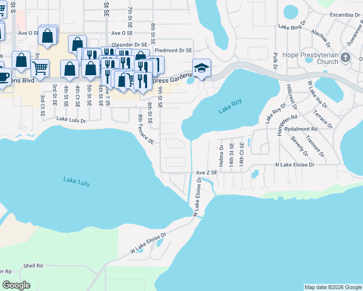 map of restaurants, bars, coffee shops, grocery stores, and more near 2122 Edgewater Circle Southeast in Winter Haven