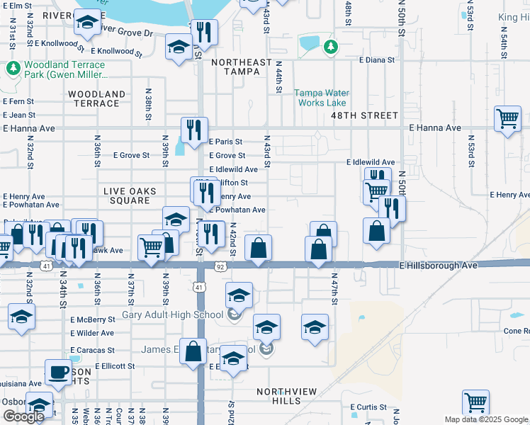 map of restaurants, bars, coffee shops, grocery stores, and more near 4229 East Powhatan Avenue in Tampa