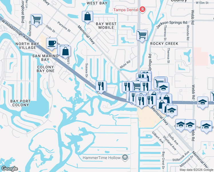 map of restaurants, bars, coffee shops, grocery stores, and more near 9119 Tudor Drive in Tampa