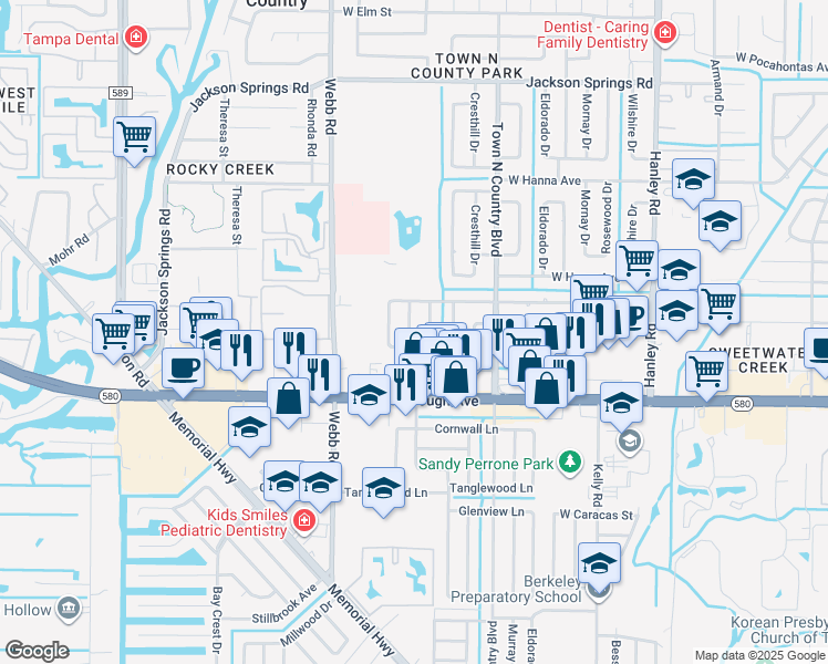 map of restaurants, bars, coffee shops, grocery stores, and more near 5607 Halifax Drive in Tampa