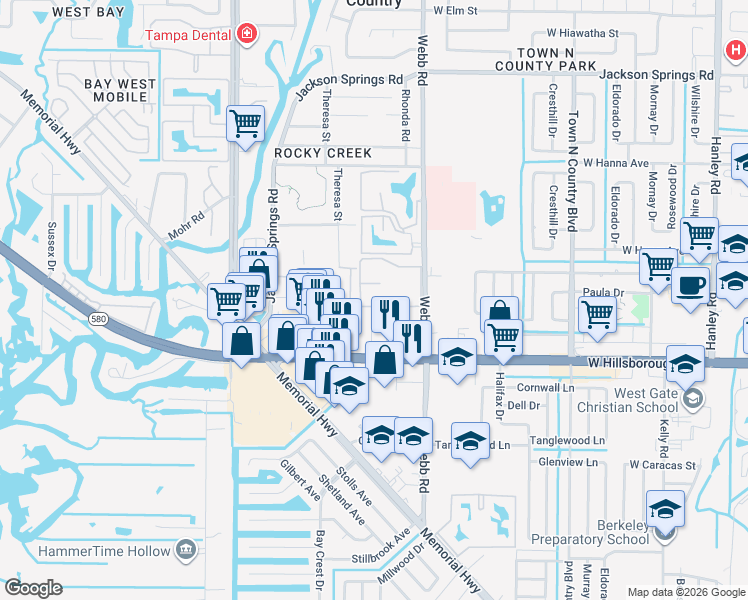 map of restaurants, bars, coffee shops, grocery stores, and more near 5709 Desert Rose Place in Tampa