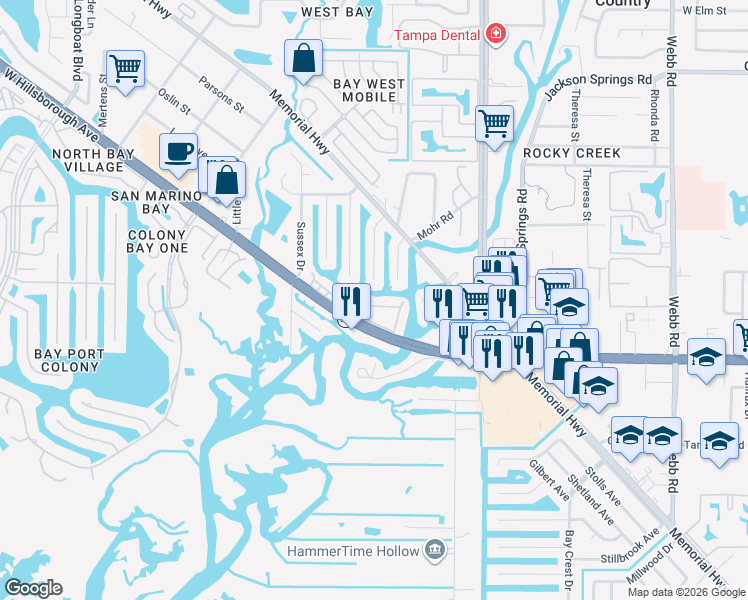 map of restaurants, bars, coffee shops, grocery stores, and more near 9133 Tudor Drive in Tampa