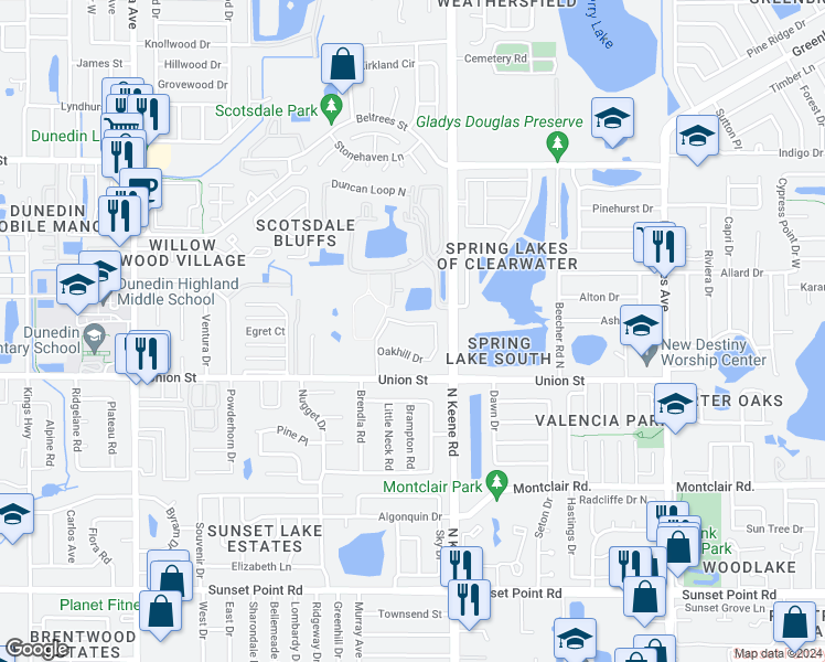 map of restaurants, bars, coffee shops, grocery stores, and more near 1465 Millstream Lane in Dunedin