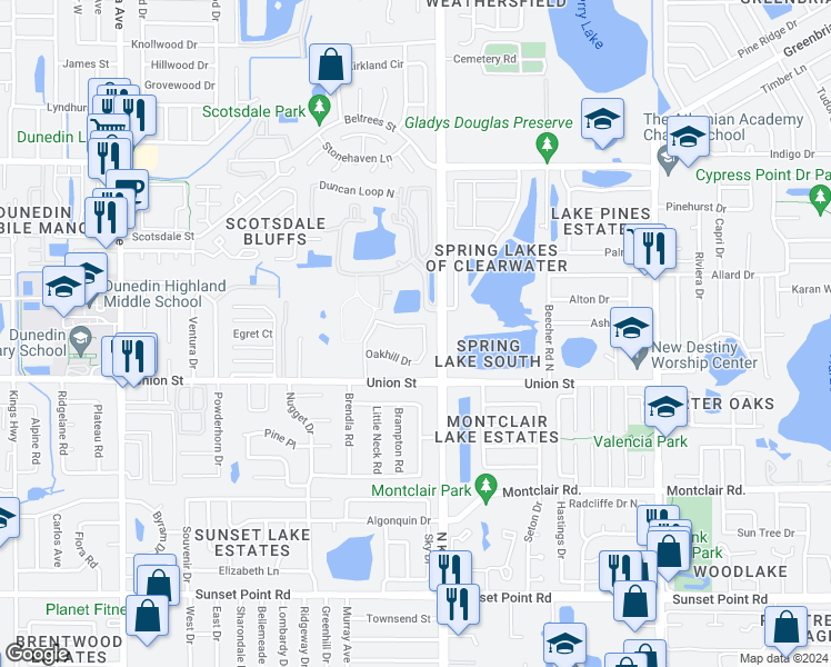map of restaurants, bars, coffee shops, grocery stores, and more near 1465 Millstream Lane in Dunedin