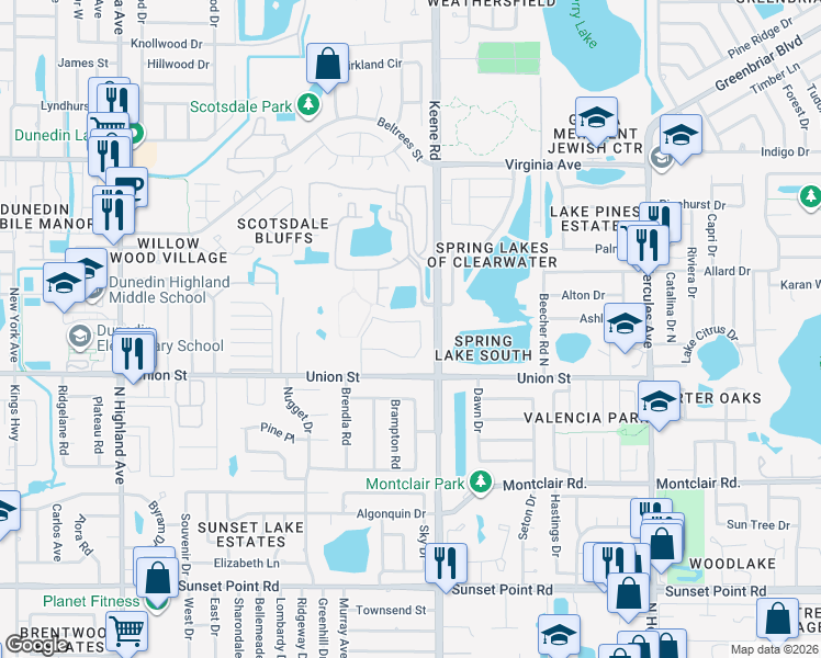 map of restaurants, bars, coffee shops, grocery stores, and more near 1465 Millstream Lane in Dunedin