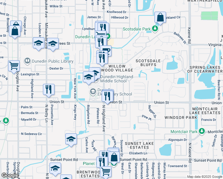 map of restaurants, bars, coffee shops, grocery stores, and more near 63 Oakwood Drive in Dunedin