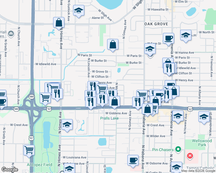 map of restaurants, bars, coffee shops, grocery stores, and more near 3111 West Powhatan Avenue in Tampa